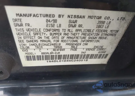 1998 Nissan Altima Xe/Gxe/Se/Gle из США, поврежденный, VIN 1N4DL01DXWC240518